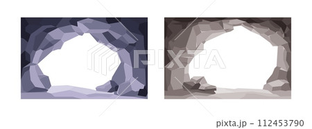 Stone caves entrance, empty view. Vector illustration in cartoon flat. 112453790