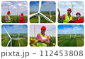 Wind Farm. Aerial View of Giant Wind Turbine Rotating in Strong Winds. Wind Energy Industry Workers. Renewable Energy - Photo Collage  112453808