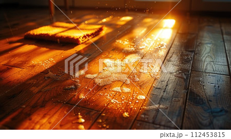 AI-generated content. A single piece of bread sitting on a wooden floor surface under the sun, with a rag nearby. 112453815