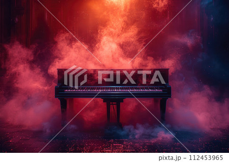 AI-generated content. A classic black grand piano engulfed in smoke, creating a dramatic and mysterious atmosphere. 112453965