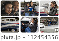 Flight School - Become a Pilot - Photo Collage. Portrait of Attractive Young Woman Pilot With Headset in the Airplane Cockpit. 112454356