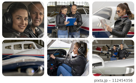 Flight School - Become a Pilot - Photo Collage. Portrait of Attractive Young Woman Pilot With Headset in the Airplane Cockpit. Flight School - Become a Pilot - Photo Collage. Portrait of Attractive Young Woman Pilot With Headset in the Airplane Cockpit. 112454356
