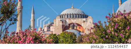 Sunny day architecture and Hagia Sophia Museum, in Eminonu, istanbul, Turkey. Turkiye BANNER, LONG FORMAT 112454437