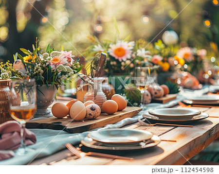 AI-generated content. Easter table setting, springtime party table decor with flowers, eggs and beautiful details, spring festive home party decorations AI-generated content. Easter table setting, springtime party table decor with flowers, eggs and beautiful details, spring festive home party decorations 112454598
