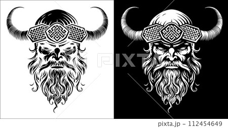 Viking Warrior Man Strong Mascot Face in Helmet 112454649