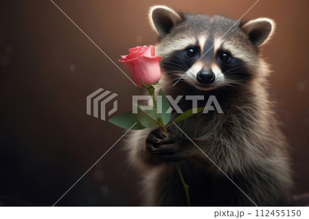 cute raccoon holding pink rose in pawsのイラスト素材 [112455150] - PIXTA