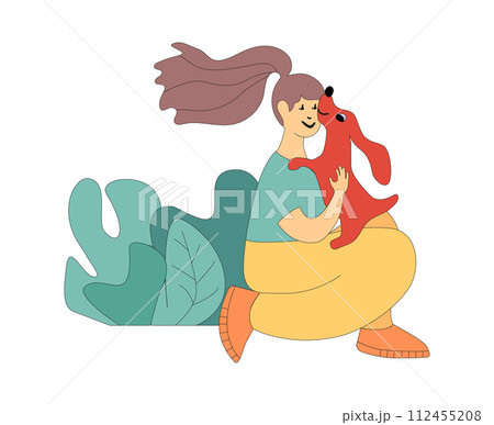 Happy young girl with dog and wild plants. Person and foliage in the park. Woman hugging a dog. Friends on a walk in the garden. Flat vector illustration isolated on white background.. 112455208