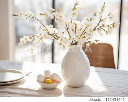 AI-generated content. Easter holiday home decoration, house interior decor for springtime, detailed decorative arrangement with flowers and eggs AI-generated content. Easter holiday home decoration, house interior decor for springtime, detailed decorative arrangement with flowers and eggs 112455643