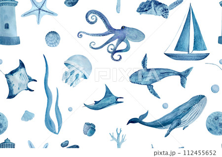 Watercolor hand-drawn blue monochromatic seamless pattern isolated on white. Whales, manta rays, shells, starfish, jellyfish and octopus 112455652