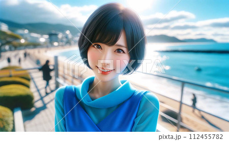 黒髪でショートヘアの女性ポートレート（海岸） 112455782