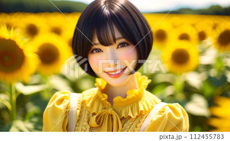 黒髪でショートヘアの女性ポートレート（ひまわり畑） 112455783