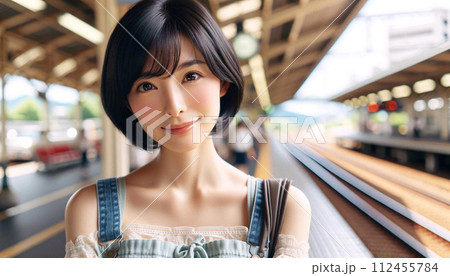 黒髪でショートヘアの女性ポートレート（駅のホーム） 112455784