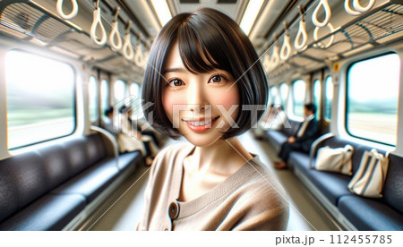 黒髪でショートヘアの女性ポートレート（電車内） 112455785
