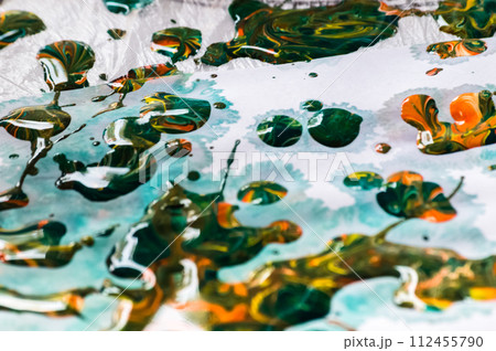 Closeup of colorful oil paint splashes on canvas. Abstract background 112455790