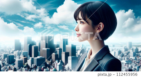 黒髪でショートヘアのビジネス女性ポートレート（街中） 112455956
