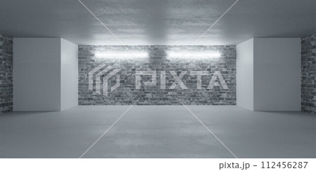Empty basement room with brick wall and lights 3d render illustration 112456287