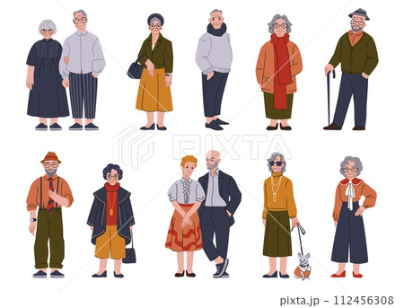 Old people. Senior family, woman, man and couple characters, happy grandma person and fashion mature, retired grandfather and grandmother standing. Cartoon flat isolated illustration, vector set Old people. Senior family, woman, man and couple characters, happy grandma person and fashion mature, retired grandfather and grandmother standing. Cartoon flat isolated illustration, vector set 112456308