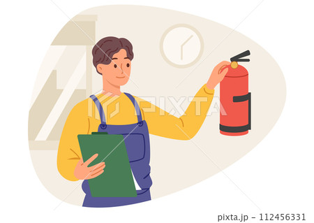 Inspector checks fire extinguisher on wall, taking care of functionality of anti flame equipment Inspector checks fire extinguisher on wall, taking care of functionality of anti flame equipment 112456331