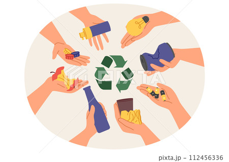 Symbol of separation and recycling of garbage among hands of people with various human waste 112456336