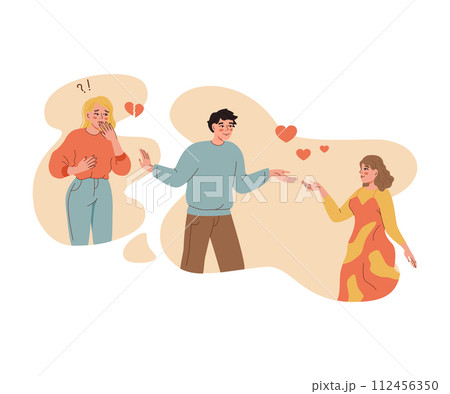Love triangle of man confused in romantic feelings and choosing between two women 112456350