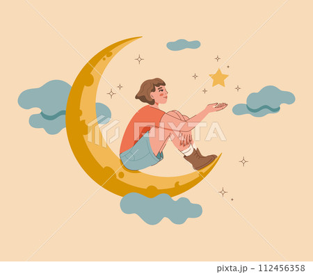 Dreamy girl fantasizes about opportunity to sit on crescent moon and hold star with firmament 112456358