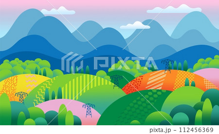 Forest background. Farm field. Trees on hills. Flowers meadow. Country park. Mountain village. Agriculture landscape. Summer farmland. Electricity tower. Vector abstract flat banner Forest background. Farm field. Trees on hills. Flowers meadow. Country park. Mountain village. Agriculture landscape. Summer farmland. Electricity tower. Vector abstract flat banner 112456369