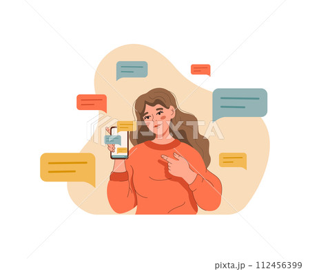 Woman blogger shows phone with messages or comments written by subscribers from social networks Woman blogger shows phone with messages or comments written by subscribers from social networks 112456399