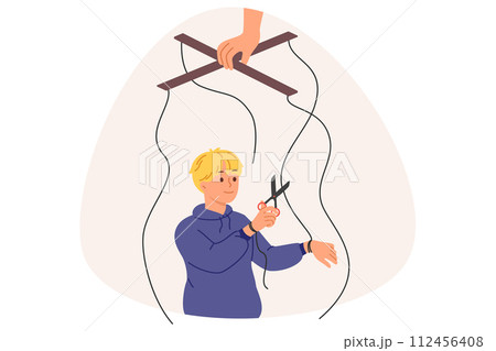 Independent boy frees himself from parental manipulation by cutting puppeteer ropes Independent boy frees himself from parental manipulation by cutting puppeteer ropes 112456408