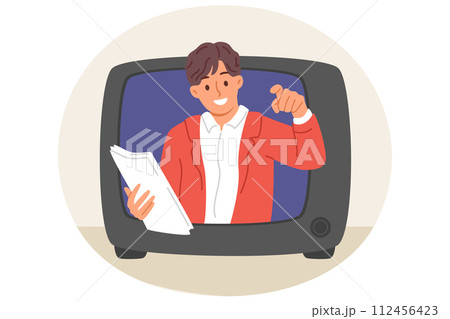 Man TV show announcer looks out of retro tv, recommending to buy advertised product Man TV show announcer looks out of retro tv, recommending to buy advertised product 112456423