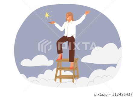 Successful businesswoman stands at top ladder in sky and holds star, rejoicing at results achieved 112456437