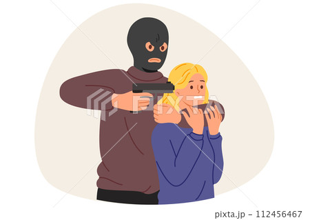 Man criminal holds frightened girl hostage, threatening with gun to get rid of police pursuit 112456467