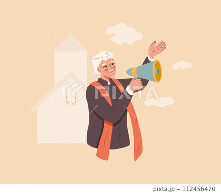 Christian priest stands near temple and shouts into megaphone urging him to attend sunday services 112456470
