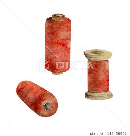 Hand drawn watercolor illustration sewing craft embroidery stitching supplies. Thread bobbins spools skeins yarn. Set of objects isolated on white background. Design atelier, tailor, hobby shop 112456491
