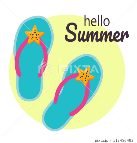 Hello summer. Beach slippers with starfish. Summer flip flops. Vector illustration in flat style 112456492