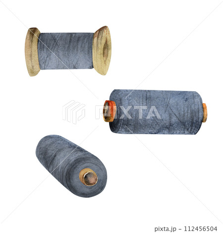 Hand drawn watercolor illustration sewing craft embroidery stitching supplies. Thread bobbins spools skeins yarn. Set of objects isolated on white background. Design atelier, tailor, hobby shop 112456504