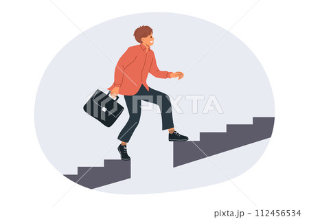 Business man grows professionally by climbing up stairs and overcoming obstacles from missing steps 112456534
