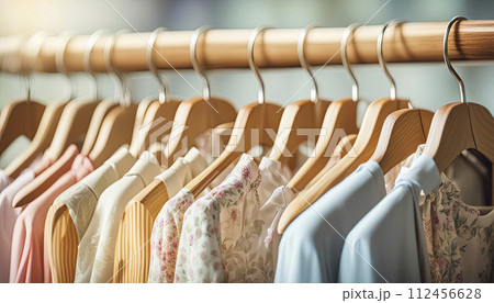 wooden hangers with dresses in light summer colors, hanging in a row 112456628