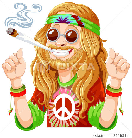 Groovy Hippie Character Enjoying Peaceful Vibes 112456812