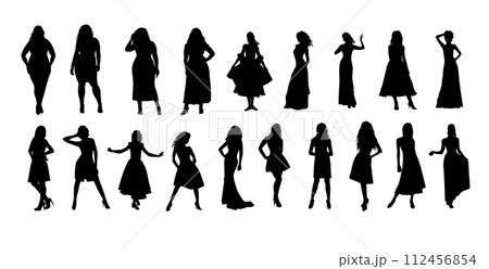 Silhouettes of girls in evening dresses. hand drawing. Not AI, Vector illustration Silhouettes of girls in evening dresses. hand drawing. Not AI, Vector illustration 112456854