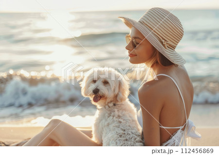Woman sitting with dog on sand dune at beach. Generative AI 112456869