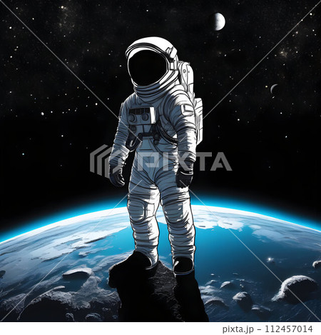 a man in an astronaut suit in a space background.  112457014