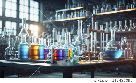The room of a chemical styrene laboratory with volumetric hologram of a DNA molecule, various glass flasks on the table and a , scientific style The room of a chemical styrene laboratory with volumetric hologram of a DNA molecule, various glass flasks on the table and a , scientific style 112457090