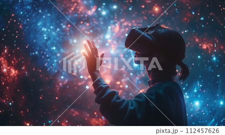 Virtual reality dreamscape, user navigating through a sparkling star field, futuristic interface 112457626
