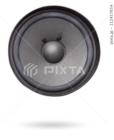 Two speakers of an acoustic system - an audio for playing music in a car interior on a white isolated background in a photo studio. Spare parts for auto repair in a workshop or for sale for tuning Two speakers of an acoustic system - an audio for playing music in a car interior on a white isolated background in a photo studio. Spare parts for auto repair in a workshop or for sale for tuning 112457654