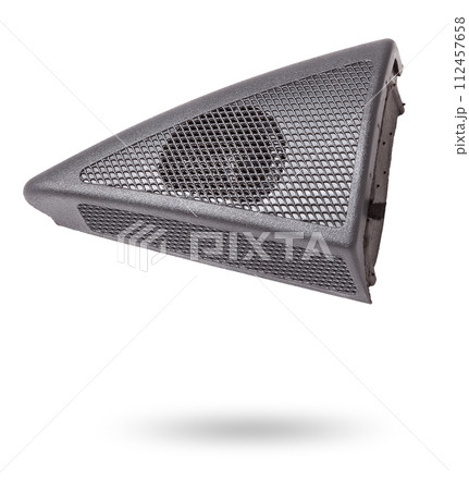 Two speakers of an acoustic system - an audio for playing music in a car interior on a white isolated background in a photo studio. Spare parts for auto repair in a workshop or for sale for tuning 112457658