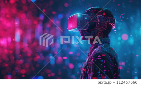 VR glasses. Man with virtual reality headset stands illuminated by vibrant neon lights, suggesting futuristic technology. Generative AI VR glasses. Man with virtual reality headset stands illuminated by vibrant neon lights, suggesting futuristic technology. Generative AI 112457660