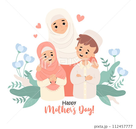 Islamic family. Cute muslim mother with her smiling children son and daughter. Happy Mother's Day card. Vector illustration in flat cartoon style Islamic family. Cute muslim mother with her smiling children son and daughter. Happy Mother's Day card. Vector illustration in flat cartoon style 112457777