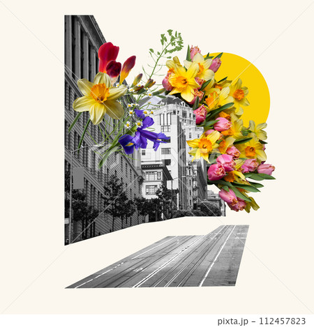 Creative collage with black and white photo of urban street, building and colorful flowers. Social media post for travel agency, tourism bureau 112457823