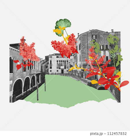 Artistic urban scene with black and white buildings and canals, vibrant red and yellow flowers. Travel agency ads promoting picturesque canal tours 112457832
