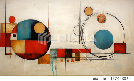 Abstract blend of textured geometric shapes and circles, modern style. Modern abstract painting featuring a dynamic composition of geometric shapes in bold, vibrant colors on canvas. 112458029